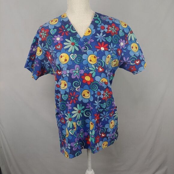 Peaches Uniforms Scrub Top Size XS Blue Floral Smiley Face V-neck Short Sleeve - Picture 1 of 8